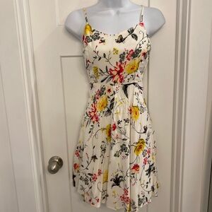 Ivory Floral Spaghetti-Strap Mini Dress with Yellow & Pink Blooms